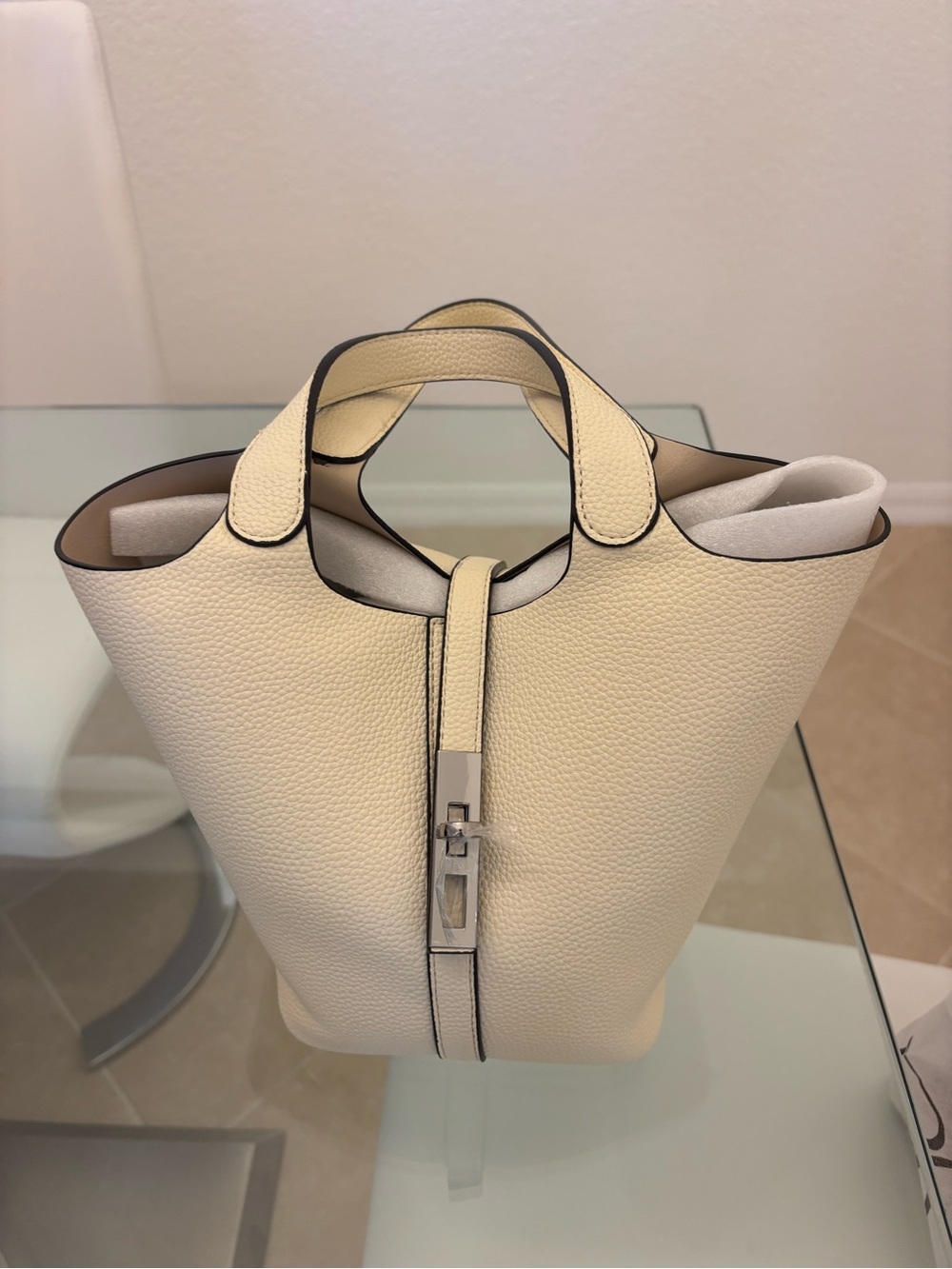 Cream Pebble Leather Top-Handle Tote with Silver Accent
